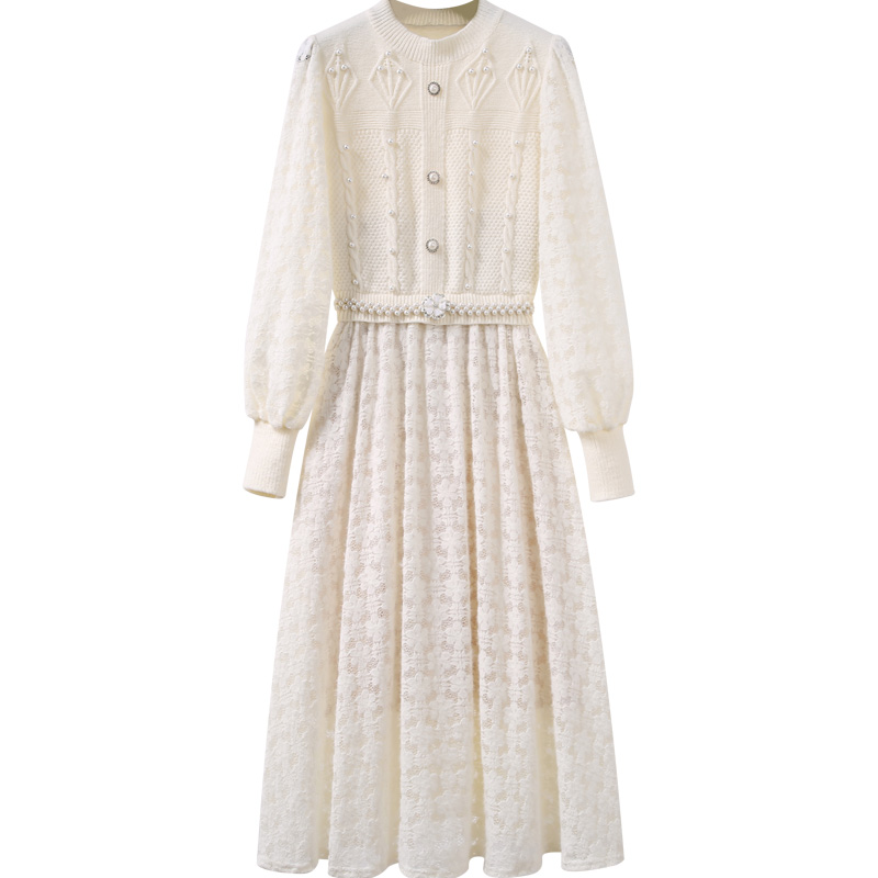 初黎旗舰店蕾丝拼接针织连衣裙秋冬季法式纯欲打底内搭爆款赫本风中长款裙子3