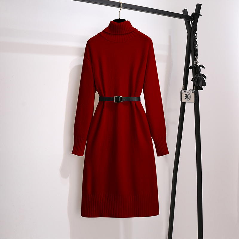 初黎旗舰店红色新款法式连衣裙秋冬季内搭配大衣长款毛衣裙过膝新年针织裙子2