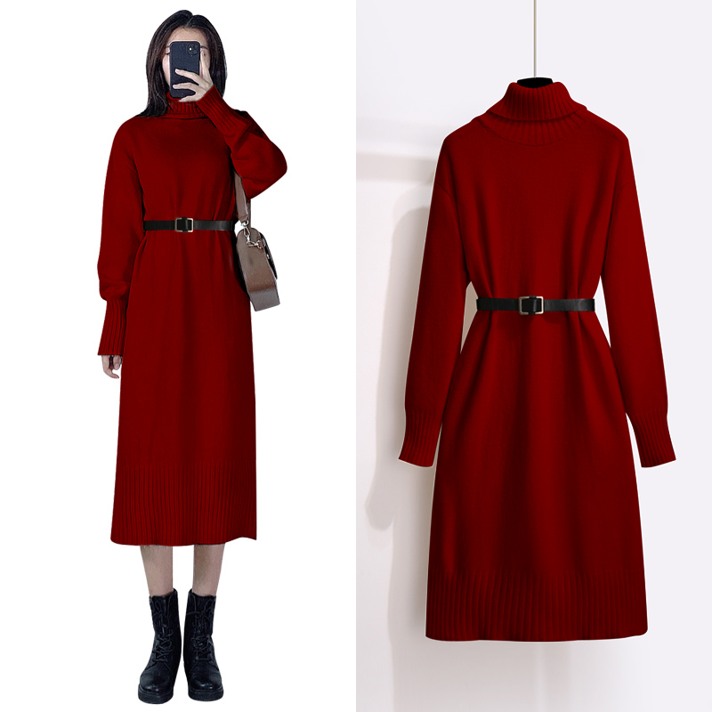 初黎旗舰店红色新款法式连衣裙秋冬季内搭配大衣长款毛衣裙过膝新年针织裙子0