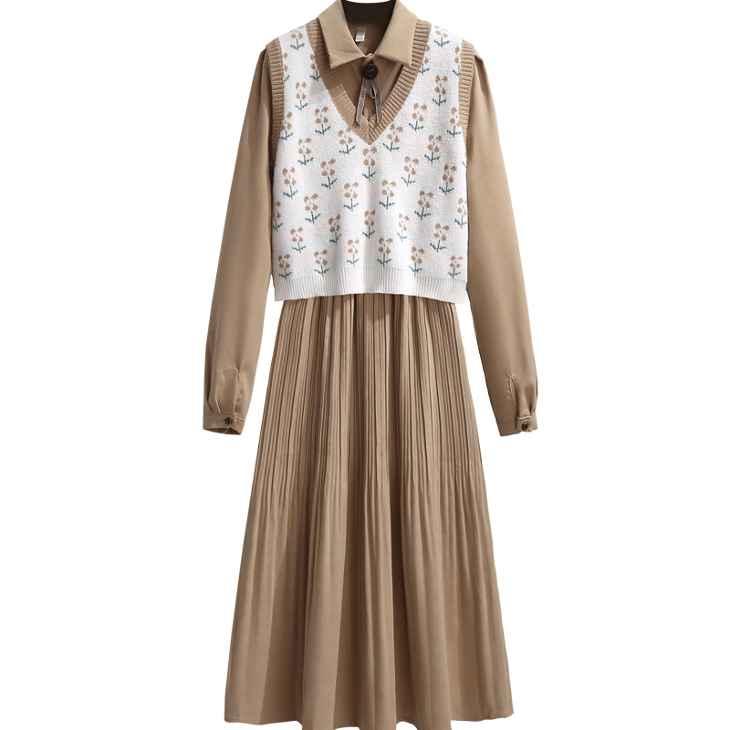 初黎旗舰店马甲连衣裙两件套高端气质早秋新款灯芯绒秋冬女装小个子衬衫裙子3