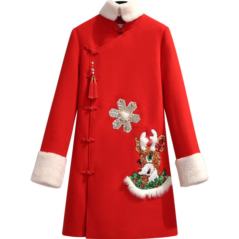 初黎旗舰店拜年唐装秋冬新年衣服中国风上衣过年中式女装改良旗袍红色连衣裙3