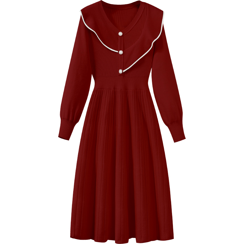 初黎旗舰店红色针织连衣裙冬法式小香风本命年女装新年战袍衣服打底毛衣裙子3