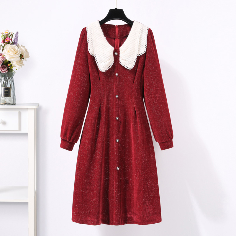 初黎旗舰店灯芯绒连衣裙2022早春秋冬新年战袍红色本命年女装小香风打底裙子0