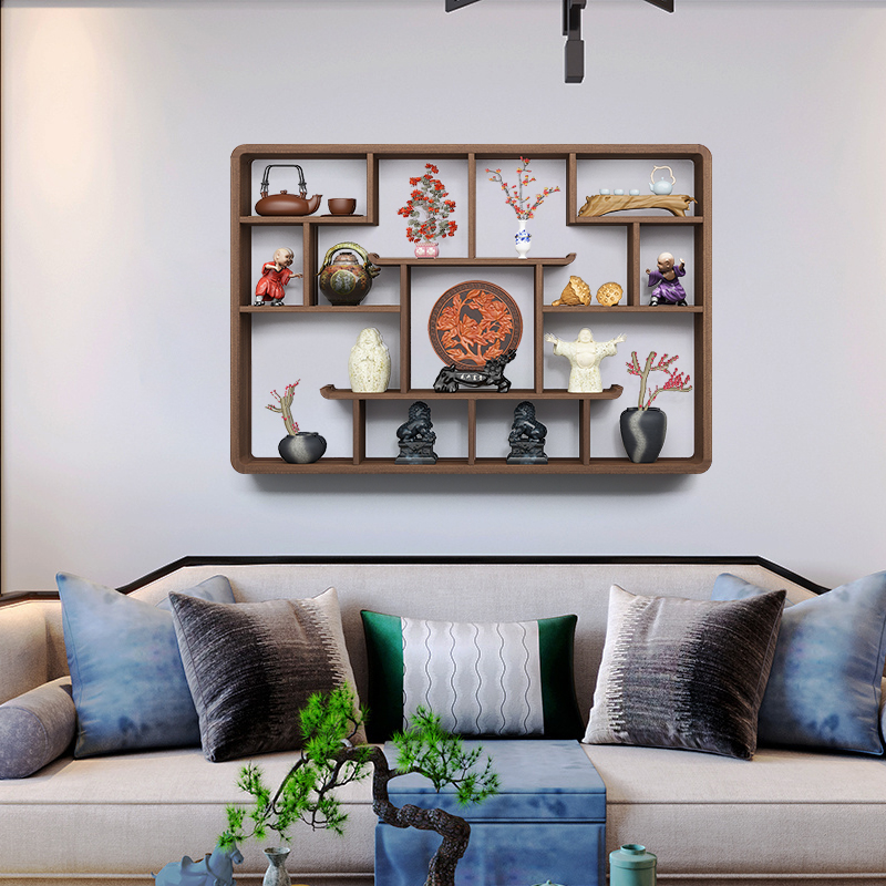 博古架实木中式挂墙壁挂置物架现代简约上墙多宝阁茶壶摆件展示架 - 图0
