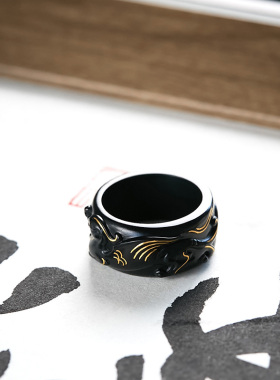 貔貅错金戒指和田玉墨玉