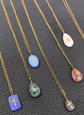 夏日清凉感小众高级感吊坠锁骨链天然石镶金吊坠项链男女项链饰品