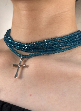 钛钢 红色水晶感珠串多层一体十字架吊坠项链复古甜酷高级锁骨链