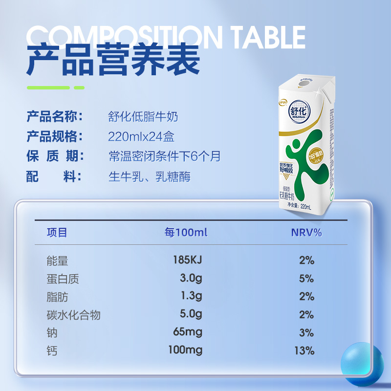 伊利官方旗舰店舒化奶无乳糖低脂牛奶220ml*24盒牛奶整箱百补 1月