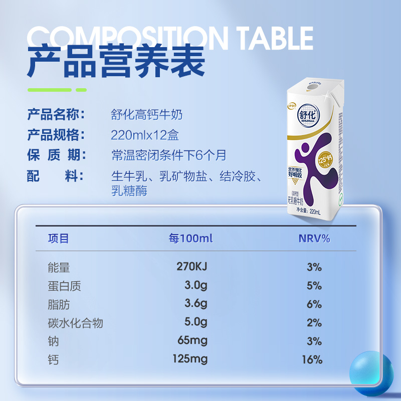 伊利官方旗舰店舒化奶无乳糖高钙牛奶220ml*12盒学生牛奶整箱 - 图1