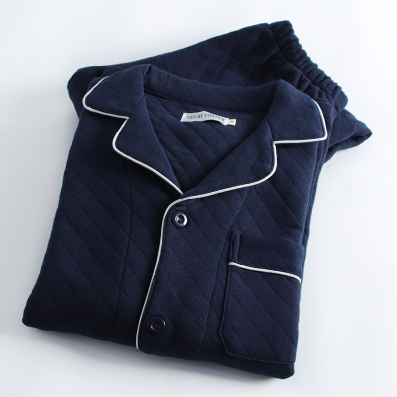 空气层夹棉睡衣男秋冬季纯棉加厚保暖纯色开衫简约宽松家居服套装,淘宝优惠券,粉丝福利购,淘宝优惠卷