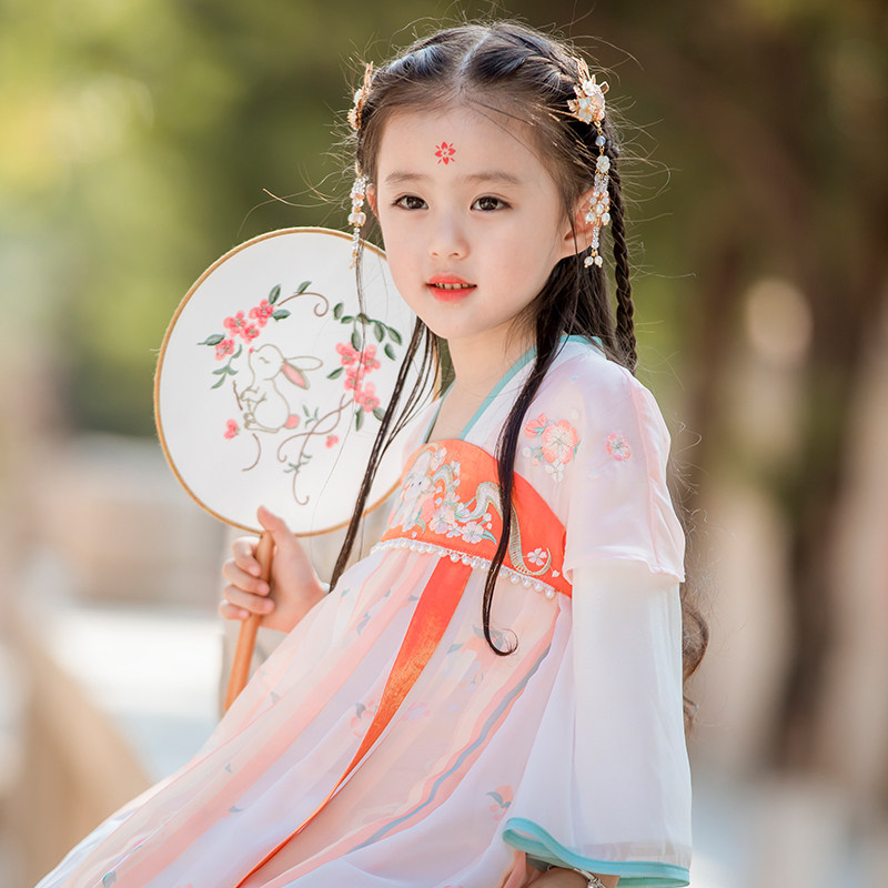 女童汉服春秋装儿童刺绣古风连衣裙宝宝古装假两件齐胸襦裙原创