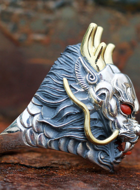 龙头纯银霸气戒指镶嵌松石南红