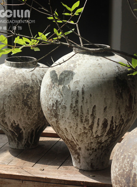 民宿新中式侘寂风粗陶花瓶摆件
