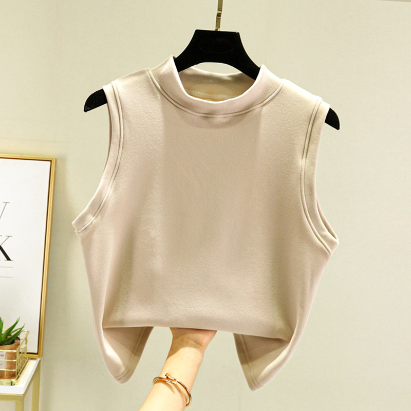 德绒高领无袖背心女内搭磨毛无袖t恤加绒加厚修身打底衫秋冬保暖 - 图0