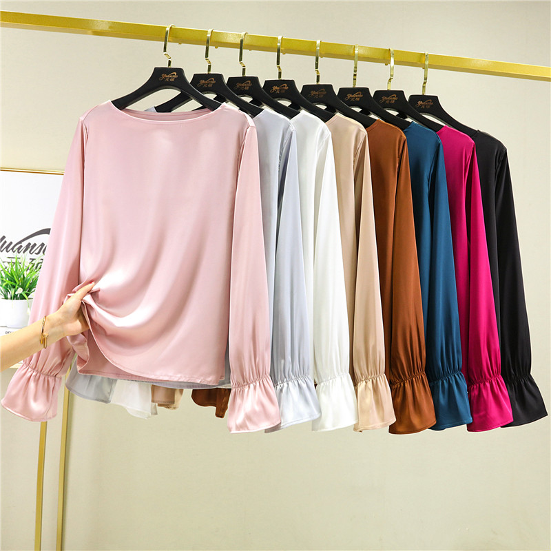 外穿丝滑喇叭袖打底衫女春夏季薄款长袖内搭T恤修身百搭气质上衣,淘宝优惠券,粉丝福利购,淘宝优惠卷