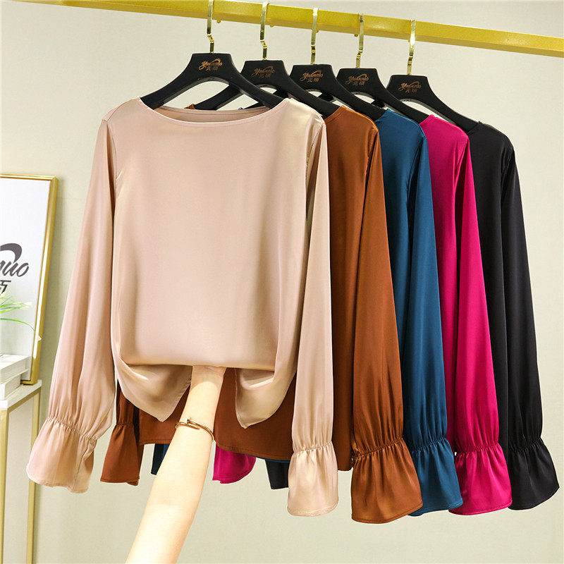 外穿丝滑喇叭袖打底衫女春夏季薄款长袖内搭T恤修身百搭气质上衣,淘宝优惠券,粉丝福利购,淘宝优惠卷