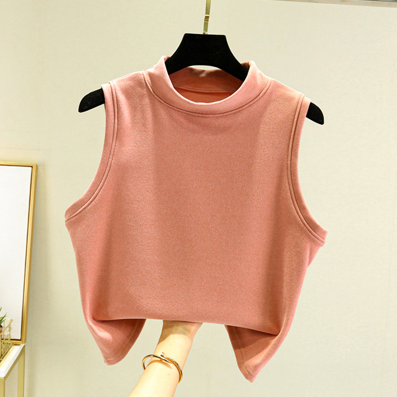 德绒高领无袖背心女内搭磨毛无袖t恤加绒加厚修身打底衫秋冬保暖 - 图1