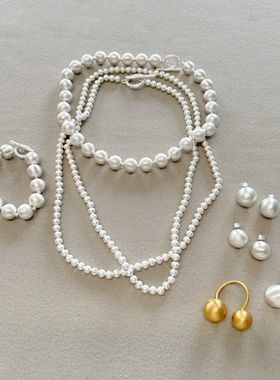 欧美时尚小众款拉丝圆球耳环串珠叠戴项链轻奢质感新款磨砂戒指女