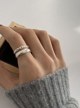 韩版S925镀银几何戒指女复古简约镂空双层格子开口指环气质食指戒