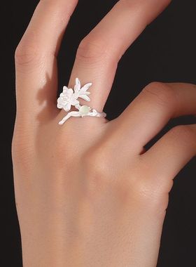 鸢尾花戒指古典烧白文艺小众设计清冷风新中式国潮开口食指环