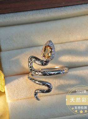 S925通体银托帕石灵蛇戒指瑞士蓝黄水晶戒指时尚跨境爆款精致
