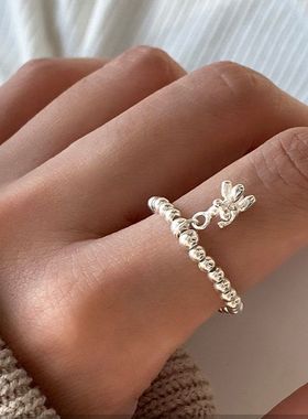 韩版S925银圆珠弹力戒指女时尚气质气球小狗吊坠指环ins食指戒潮