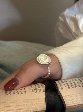 S925纯银玫瑰花烧白戒指韩版小众设计感简约高级复古指环新款