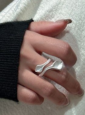 S925纯银韩版小众设计感烧白叶子戒指韩版韩式风简约指环