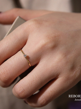 简~S925纯银镀14K金戒指女日韩版镶嵌钻锆石极细单钻戒指尾戒指环