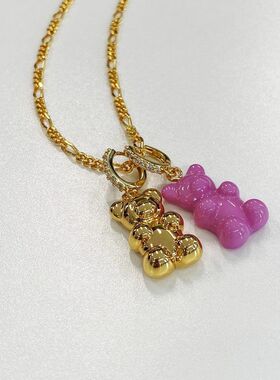 【K社制造】网红铜镀金闪钻轻奢个性树脂紫熊双色耳钉项链