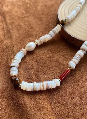 天然淡水珍珠彩色贝壳虎眼石串珠项链女轻奢小众2025新款毛衣颈链