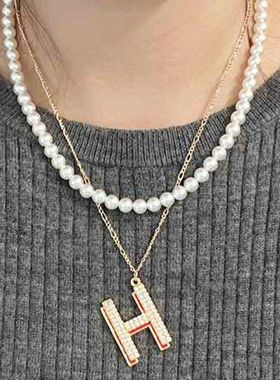 满钻金色字母项链吊坠时尚简约串珠项链组合套装项链耳钉饰品