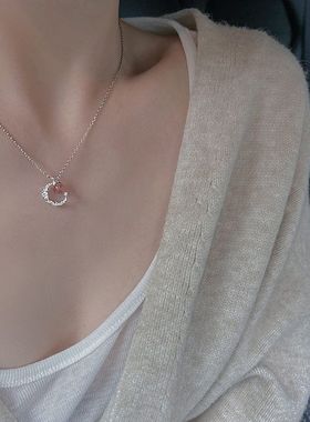 韩国月亮草莓晶项链女S925纯银超仙气质森系吊坠小众百搭锁骨链
