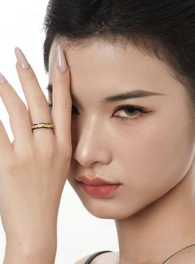 韩国风小众设计师款S925纯银熔岩肌理戒指女开口拼色指环