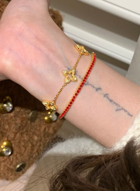 S925银极细红宝石手链女时尚轻奢风满镶红钻工艺精致感叠戴手饰