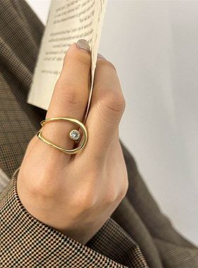 甜酷镂空单钻戒指女韩版时尚个性S925银开口指环夸张嘻哈食指戒潮