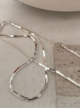 韩国925纯银超闪耀小方块四方亮面方管短款银项链锁骨链女