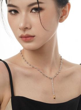 韩国轻奢小众设计重工S925纯银间珠链拼色 手工短款毛衣链