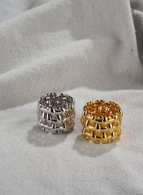 欧美网红指环编织宽面情侣指环简约网格设计条纹镂空戒指