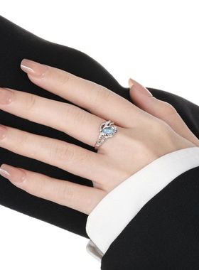 韩版纯银S925戒指小众设计轻奢哑光熔岩纹理月光石开口食指戒