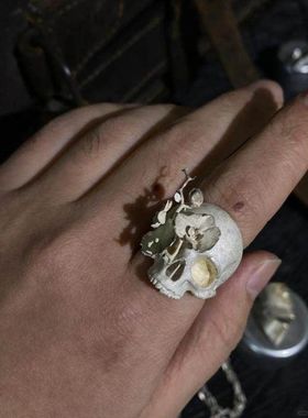 【K社制造】潮牌寓意骷髅头绽放鲜花戒指男欧美黑暗风烧白指环女