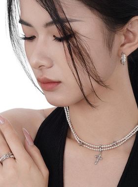 韩国手作S925纯银十字架项链女ins冷淡风短款小蛇毛衣链