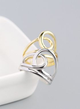 日韩版S925纯银INS几何绕线双层开口戒指指环银手饰品女