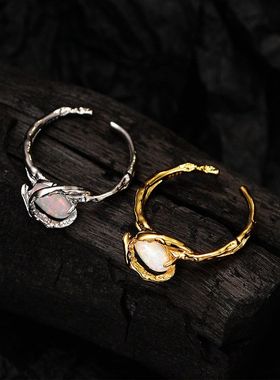 【K社制造】轻奢S925纯银手工缠绕欧泊石戒指女开口包裹澳宝指环