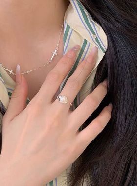 韩版仿珍珠戒指女款气质轻奢食指戒法式高级感几何圆形开口指环