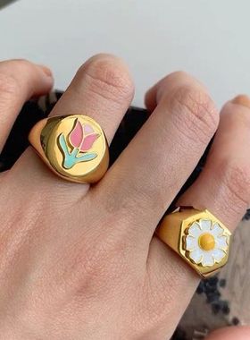 ins火爆权志龙GD同款彩色立体滴釉雏菊四叶草郁金香金戒指