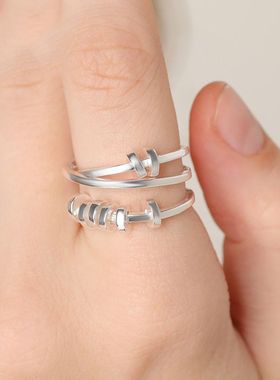 韩版时尚圆环算盘三环交叉可活动创意戒指女气质简约个性潮流指环