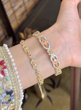「瑶池」描金珐琅彩双如意手链女纯银国风银手链