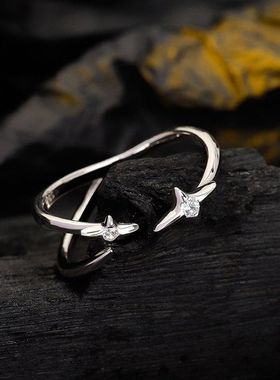 韩版极简S925纯银镶钻星星戒指女开口时髦几何线条食指戒