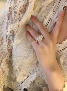 韩版S925银熔岩褶皱个性戒指女复古时尚不规则凹凸开口指环食指戒